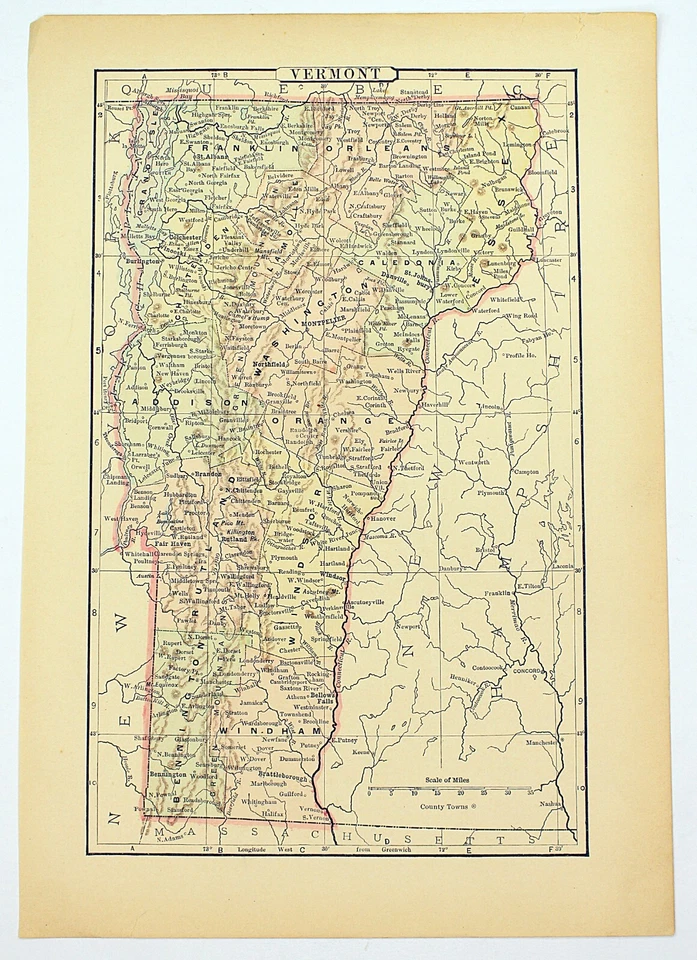 1898 Mapa do Estado de VERMONT Litografia Colorida à Mão 10,75 X 7,25 - Imagem 1 de 2
