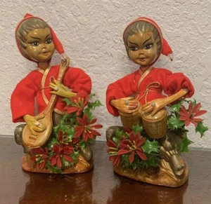 Vintage Christmas Elf Pixie Figurine Mandolin Pearl Ring Red Felt Guitar & Drums - Picture 1 of 6