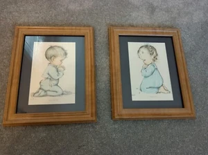 Vintage Holzbild Junge (segne uns alle) und Mädchen (ein Kindergebet) mattiert - Bild 1 von 3