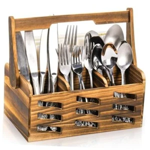 Silverware Caddy with Handle, 4 Compartments Wooden Flatware Utensil Holder, - Picture 1 of 8