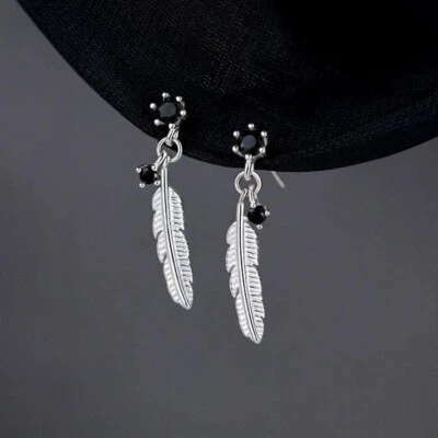 925 Sterling Silver Feather Drop Stud Earrings Womens Girls Gifts Accessories - Image 1 of 4