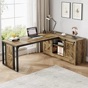 L-Shaped Executive Desk, Large Office Desk with Cabinet and Storage Shelves - Picture 1 of 9