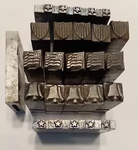 Vintage Lot 18 Lead Letter Printing Antique Press Type Set Blocks Stars Flags - Picture 1 of 9