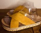 Joia  Womans Uk 7 Mustard Faux Suede Embroidered  Cross Over Mules Beach Lounge