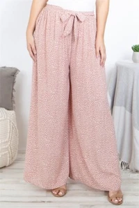 Womens Plus Size Mauve Pink Print Wide Leg Palazzo Pants 1XL Split Leg - Picture 1 of 5