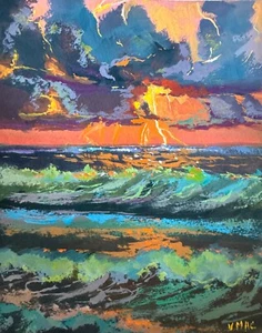 Original Landscape Painting Sea Sunset Impressionism seascape signed Modern A - Picture 1 of 3