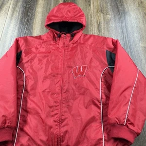 Vintage Wisconsin Badgers Jacket Mens XXL Red NCAA Football Zip Up Hooded Coat - Picture 1 of 17