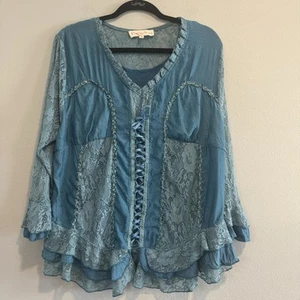Pretty Angel Blouse Flutter Sleeve Ruffled Lace Fairy Y2K Linen Blend Ethereal L - Picture 1 of 9