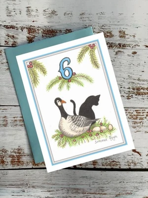 12 days of Christmas, cat style, six geese a laying, notecard #1070 - Image 1 of 2