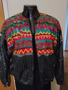 Vtg Modi Multi Color Sequin And Leather Fringe Jacket - Picture 1 of 7
