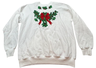 Sudadera de Navidad vintage para mujer mediana blanca acebo rojo apliques de lazo hecha en EE. UU. Foto 1 de 4