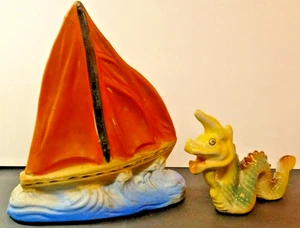 Vintage Sailing Ship & Sea Serpent Aquarium Decorations - Old pre-War Japan - Picture 1 of 13