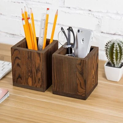 Set of 2 Natural Brown Grain Wood Desktop Pen & Pencil Organizer Holder Cups - Image 1 of 4