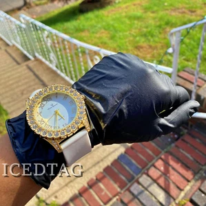 ICED HIP HOP GOLD PT BLING-ED OUT WHITE SILICONE BAND LAB DIAMOND UNISEX WATCH - Picture 1 of 4