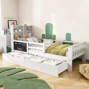 Kinderbett 90x200 cm Einzelbett Bett mit Rausfallschutz Schrank und 2 Schubladen - Bild 1 von 12