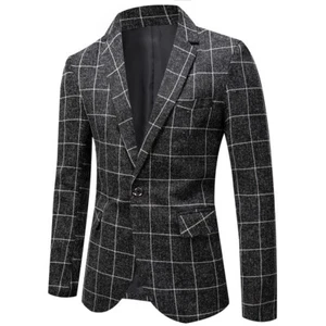 Men Formal Work Blazer Jacket Business Casual Checked Slim Fit Suit Coat Tops - Picture 1 of 28