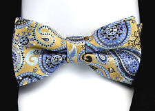 Men's Paisley Bowtie Adjustable Neck Wedding Fashion Dress Gold & Blue Bow Tie 