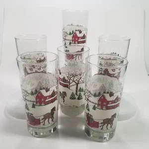 Drinking Glasses Currier Ives Winter Sleigh Ride Snow  Set of 6  Farm Scene - Picture 1 of 9