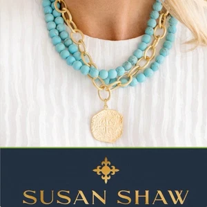 Susan Shaw Gold Necklace Coin Multi Strand Turquoise Necklace 24K TPG Jewelry - Picture 1 of 12
