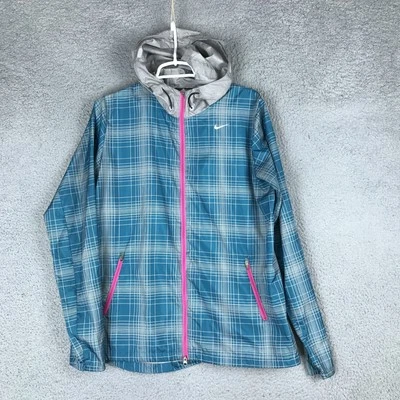 Nike Running Jacket Large Blue Plaid Windbreaker Hooded Pink Zipper Lightweight - Image 1 of 4