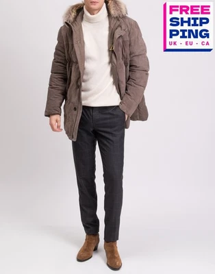 RRP €2630 CANALI Down Suede Leather Jacket IT56 US46 3XL Finnracoon Fur Trim - Image 1 of 4