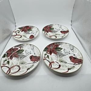 222 Fifth HOLIDAY WISHES Cardinal Bird Round Side Plates Set Of 4 Christmas - Picture 1 of 10