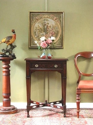 ANTIQUE SIDE TABLE / BEDSIDE TABLE ~ FRETWORK DETAIL, PULL OUT SLIDES.  c1900s - image 1 of 4