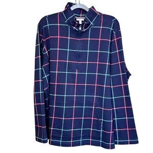 T by Talbots Womens Size 2X Plaid Quarter Zip Pullover Sweatshirt Navy Pink Aqua - Picture 1 of 8