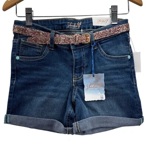 Girls Denim Shorts Size 10 Glitter Belt Cuffed Blue Jean Cute Summer Studio V - Picture 1 of 9