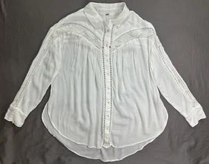 Free People Katie Bird Boho Slouchy Crochet Lace Sheer Shirt M White Crinkly - Bild 1 von 13