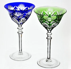 Kobaltblau & Grün Schliff auf Klar Kristall Martini Cocktail Gläser Vintage - Bild 1 von 4