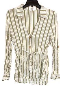 L.i.f.e. Bluse Gr. M grün gestreift Knopfleiste Langarm V-Ausschnitt Knopfleiste Riegelärmel - Bild 1 von 5