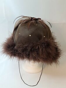 VTG Ellie Fine Hats Women's Cloche Wool Brown Tulle Feathers Rhinestones 22"READ