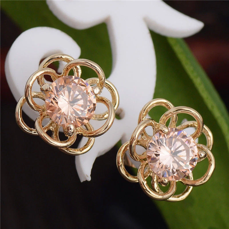 New 18K Yellow Gold Filled Champagne Cubic Zirconia Flower Post Stud Earrings - Image 1 of 1