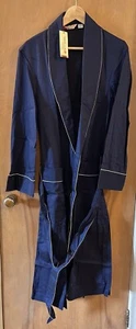 NWT DEREK ROSE Navy Cotton Robe Herringbone White Piping M - Picture 1 of 6