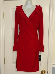 Lauren Ralph Lauren Green Label gerafftes rotes Kleid mit V-Ausschnitt Größe 6 neu mit Etikett - Bild 1 von 9