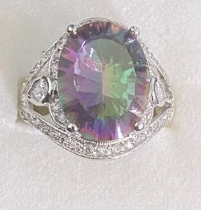 Funkelnder 925 Sterlingsilber 9 Regenbogen Mystischer Feuertopas Ring Grob Statement - Bild 1 von 10