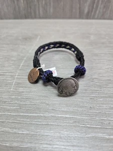 Chamula geflochtenes Rosshaar Armband handgewebt Monitaly schwarz lila Nickel Münze - Bild 1 von 4