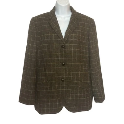 Jaqueta Blazer Lands' End Feminina 16 Lã Marrom Tweed Xadrez Academia Escura Preppy - Imagem 1 de 4
