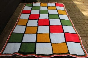 Vintage Handmade Knitted Cotton Bold Red Gold Green White Block Afghan/Throw - Picture 1 of 5