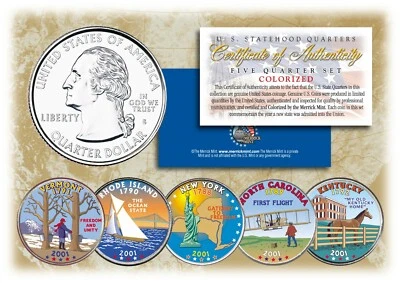 2001 COLORIZED US MINT STATE QUARTERS * Complete Set of 5 Coins * with Capsules - Image 1 of 3