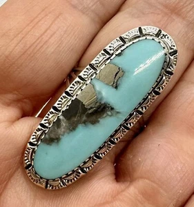 Navajo Natural Turquoise w Quartz Inclusions Ring Size 8 Sterling by M Smith 7g - Picture 1 of 6