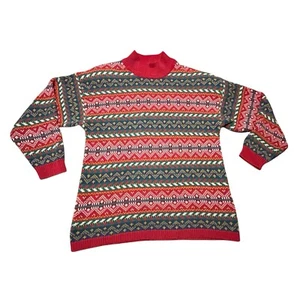 Vintage Northern Isles Sweater Womens M Red Green Nordic Fair Isle Birds Eye - Picture 1 of 8