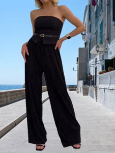 ZARA BLACK BELTED MIXED PLEATED STRAPLESS JUMPSUIT sz L - Picture 1 of 17