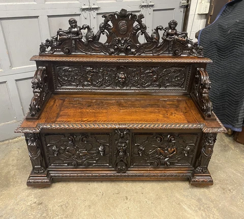 CARVED FIGURAL WALNUT BENCH Cover