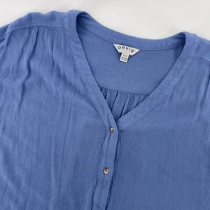 Orvis Button Down Top Short Sleeve V Neck Blouse Blue Gauze Large - Picture 1 of 7