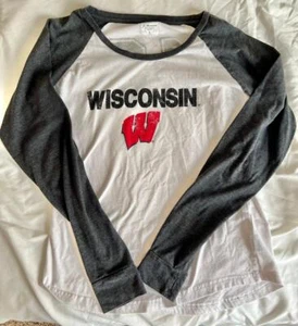 *D* J. AMERICA Youth large YL Wisconsin white baseball T-shirt gray sleeves. - Picture 1 of 3