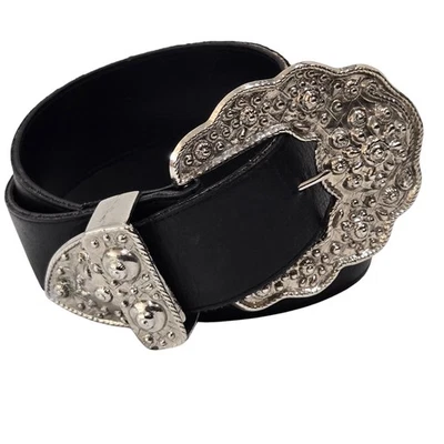 Cinturón Vintage Mujer L 31-35 Limitado Cuero Negro Grande 3D Plata Hebilla Rodeo Años 90 Foto 1 de 4