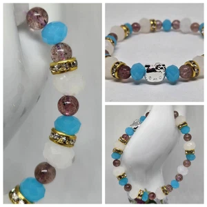 🍓Pulsera de cristal de cuarzo fresa, cuentas de vidrio vintage y focal de Hello Kitty - Imagen 1 de 13