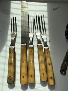 4 Gabeln 1 Messer Bürgerkriegszeit 3-Zinken O-Line Zinnzinken Holzgriffe!! - Bild 1 von 2